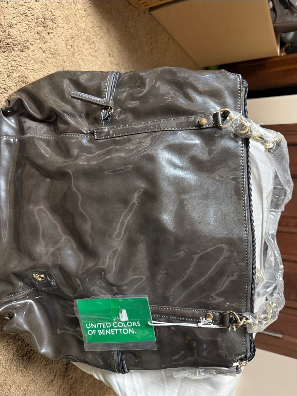 United Colors Of Benetton Shiny Black Shoulder Tote